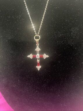 Sterling Silver Cross Pendant Necklace with Red Accents